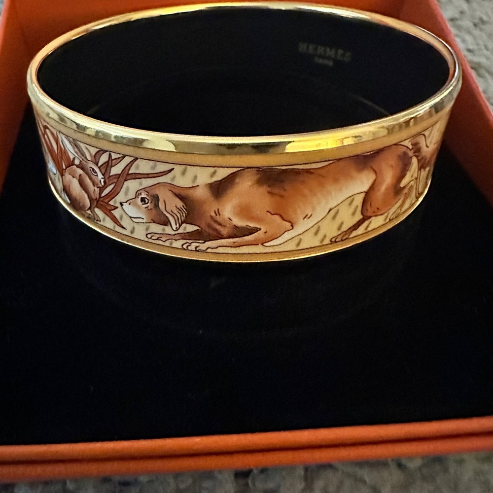 Hermes retired RARE VINTAGE 1990’s Dog and Rabbit Enamel Bracelet in Hermes box